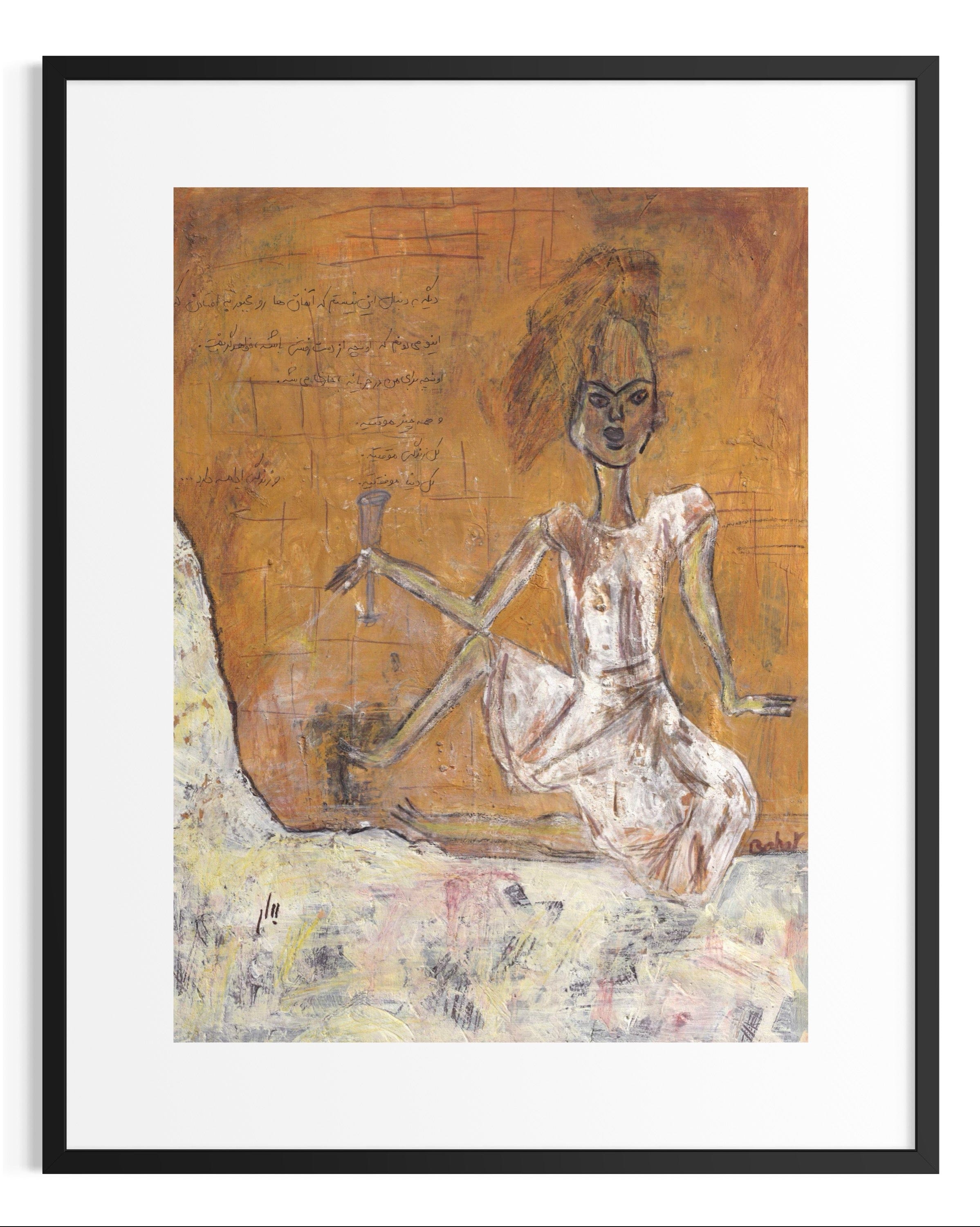 Framed artwork of a skeleton in a chair with an abstract background
